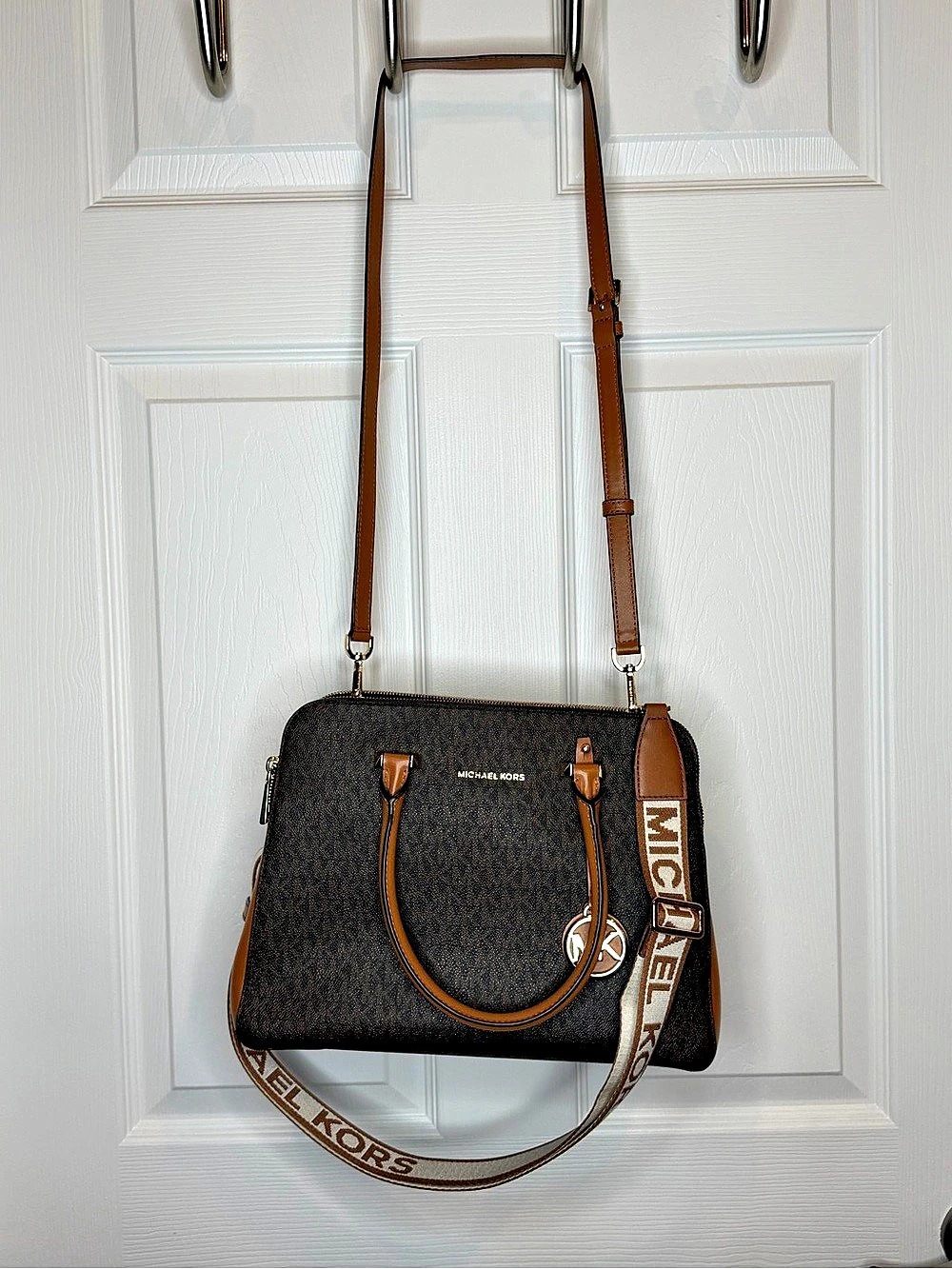 ⁠Michael Kors Houston Medium Satchel Bag Brown Acorn Logo 2 Straps EUC